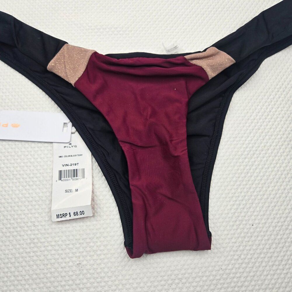 PilyQ Womens M Tiny Scrunch Bikini Bottom Black Maroon Swimwear MSRP $68 New - Picture 2 of 5
